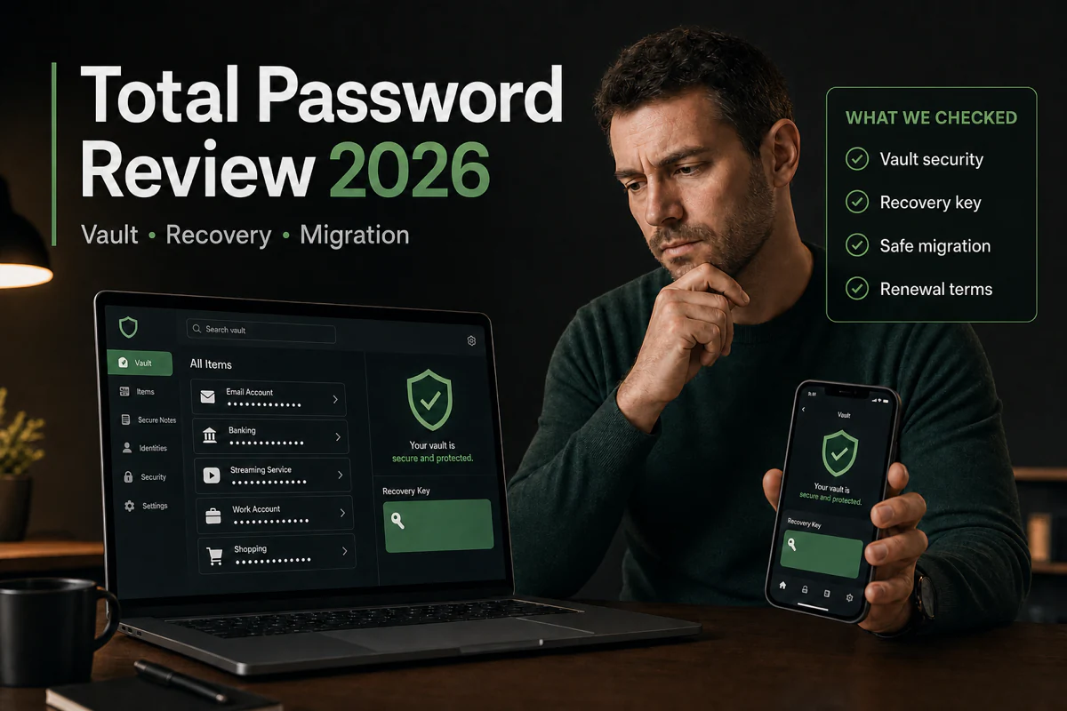 Total Password review comparing vault security, Recovery Key, migration and renewal terms