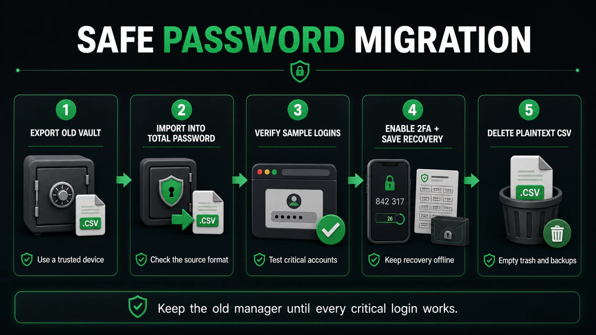 Safe Total Password migration from old-vault export through login verification, 2FA recovery and plaintext CSV deletion