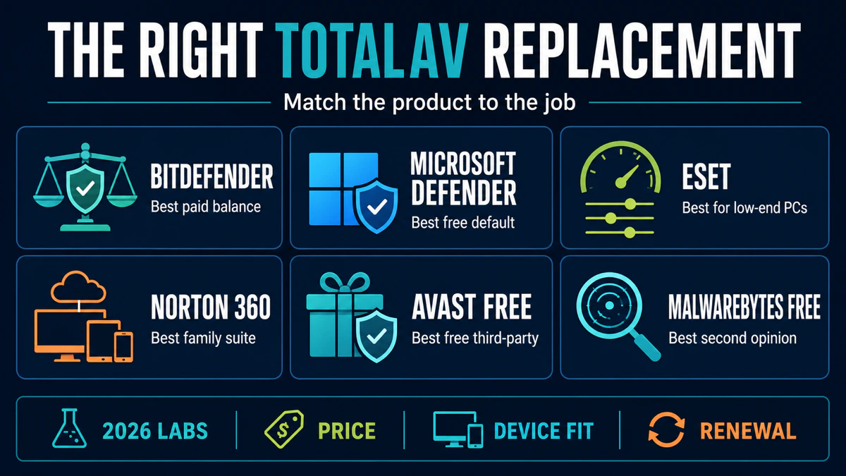TotalAV replacements matched to paid balance free protection low-end PCs family suites third-party antivirus and second-opinion scans