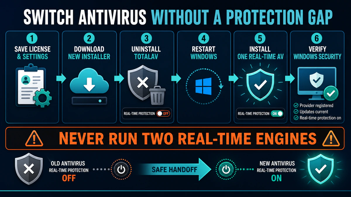 Six steps to switch from TotalAV to one new real-time antivirus and verify Windows Security without a protection gap