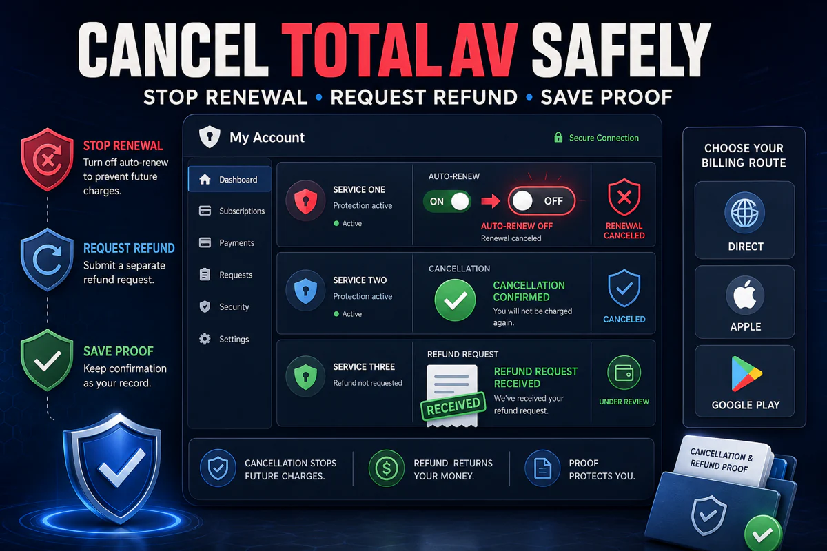 Secure TotalAV cancellation, separate refund request and saved confirmation proof