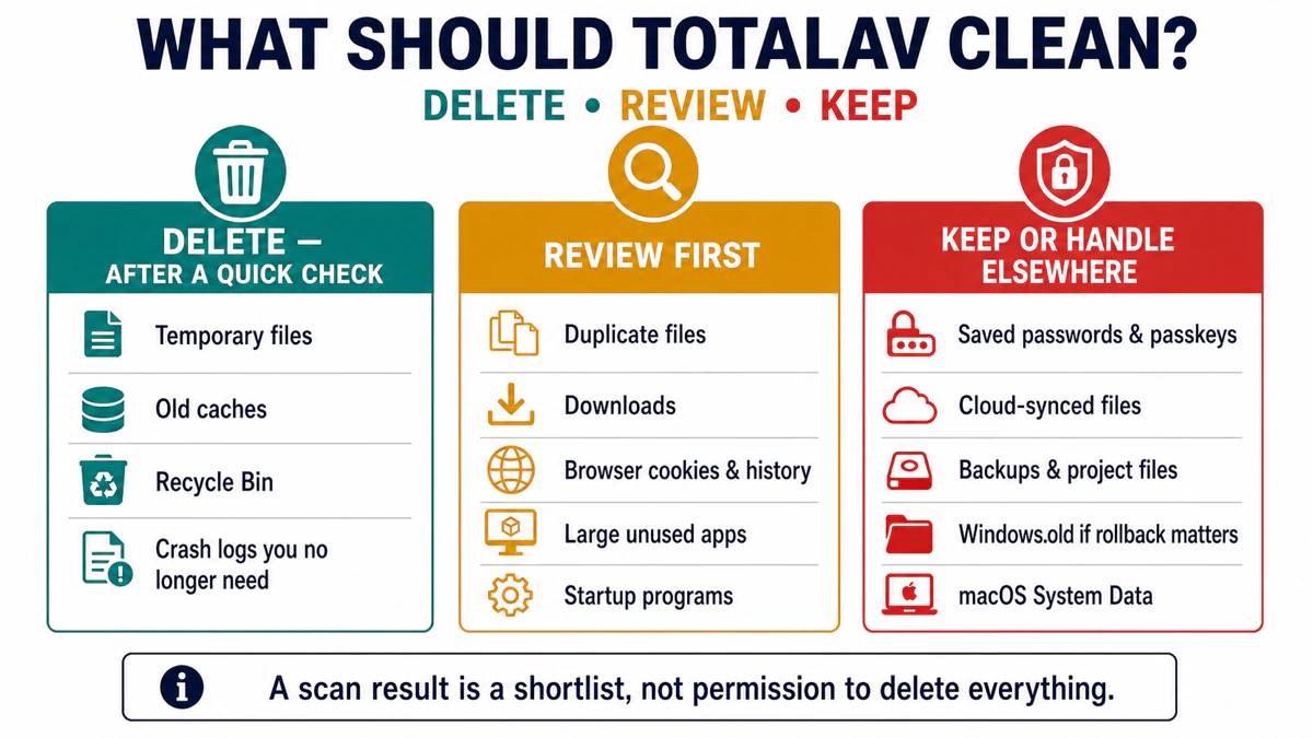 TotalAV cleaner safety matrix separating temporary data, review-first files and protected credentials or cloud data