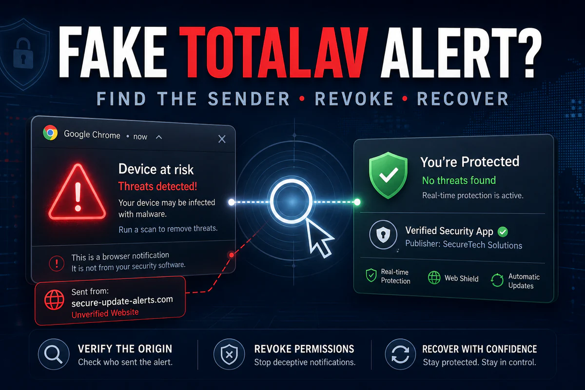 Fake TotalAV browser alert compared with a verified installed security application