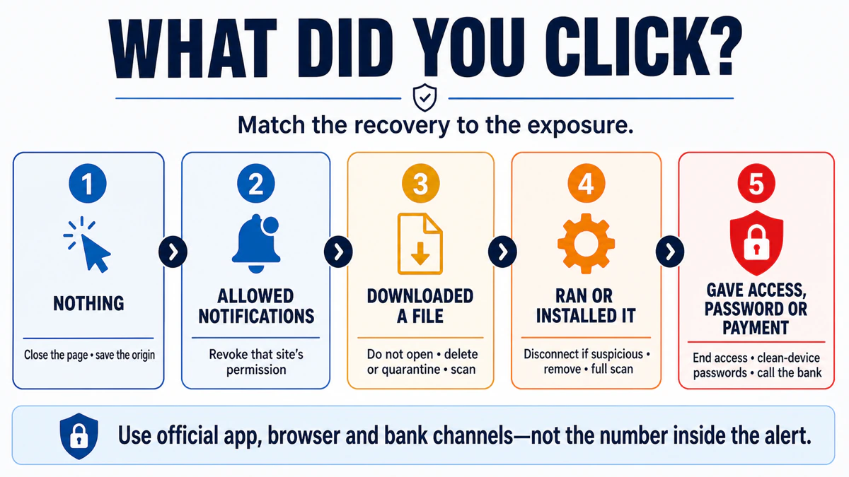 Five recovery levels after a fake TotalAV alert from closing the page to securing access, passwords and payment