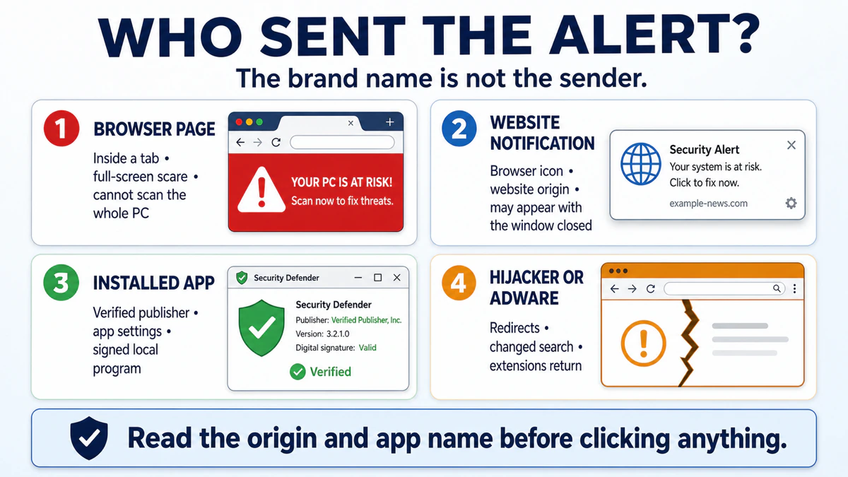 Four possible senders of a fake TotalAV alert: browser page, website notification, installed app or hijacker