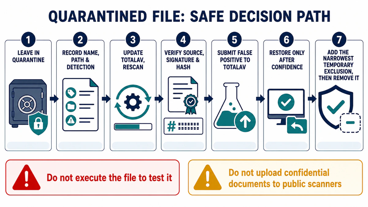 Seven-step TotalAV quarantine and false-positive verification path before restore or temporary exclusion