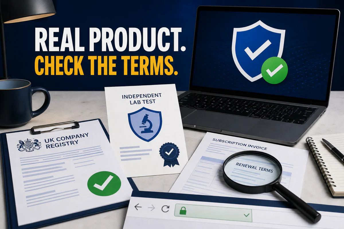 TotalAV legitimacy evidence from a UK company record, independent lab testing and renewal terms