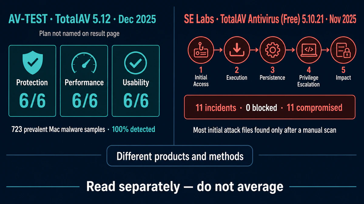 TotalAV Mac laboratory results separated by AV-TEST current build and SE Labs free edition