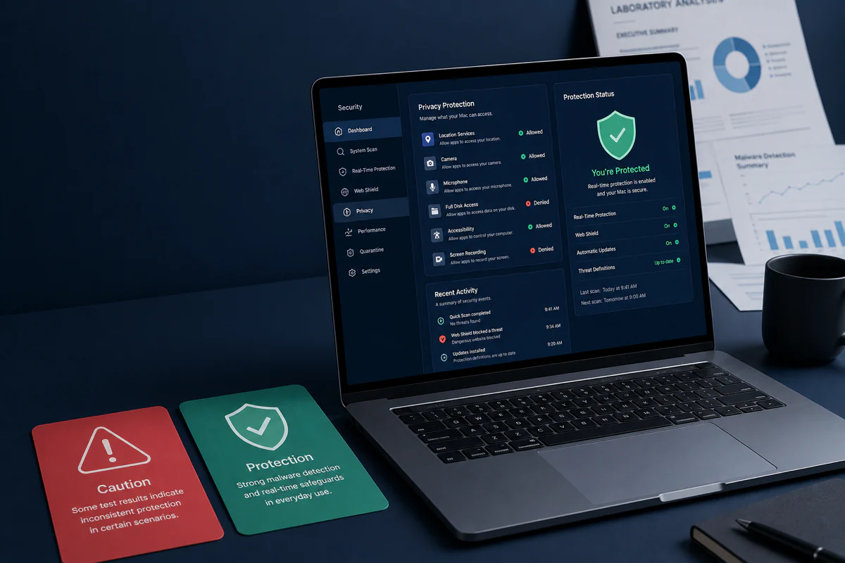 TotalAV for Mac security review with permission status and mixed independent lab evidence