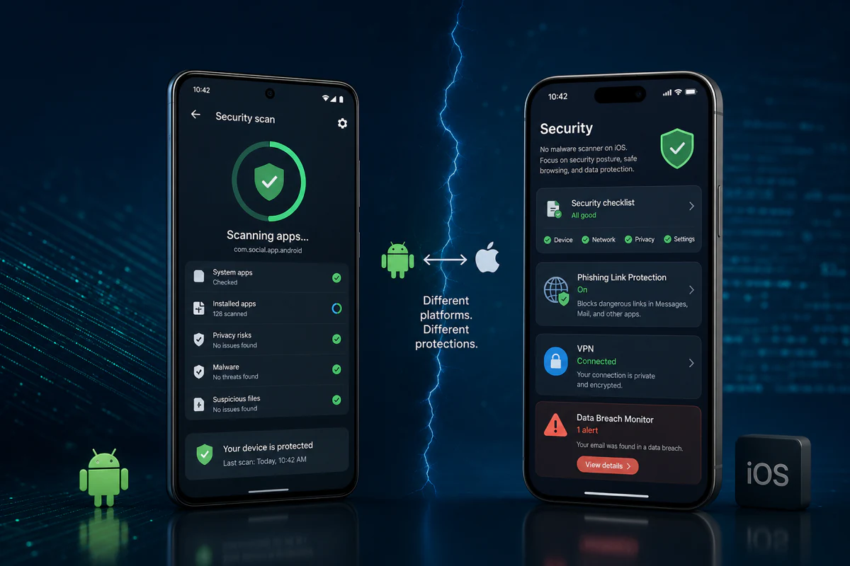 TotalAV Mobile Security review comparing Android malware scanning with iPhone web and account protection