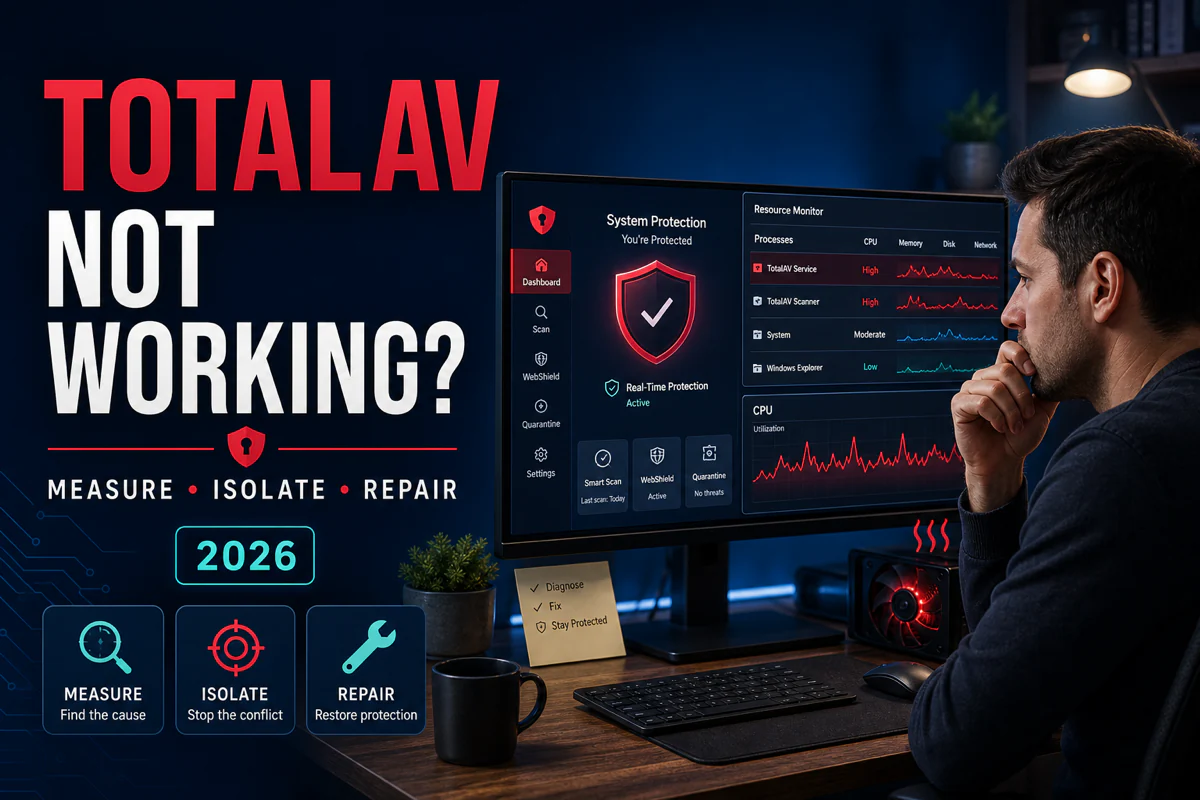 TotalAV troubleshooting for high CPU, failed protection and update problems on a Windows computer