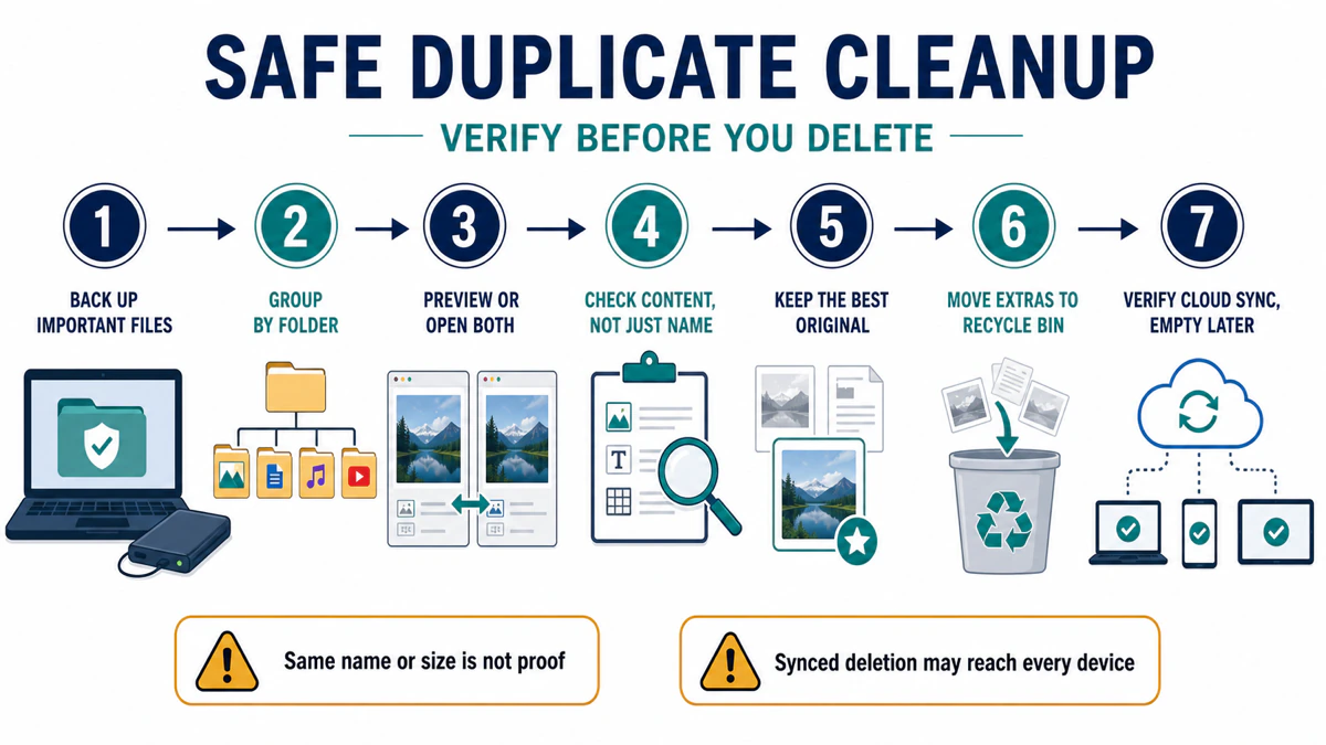 Seven-step safe duplicate cleanup with preview, original selection, Recycle Bin and cloud-sync verification