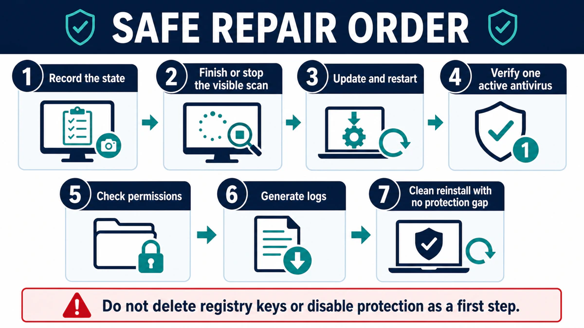 Seven-step safe TotalAV repair order from recording the fault through logs and clean reinstall