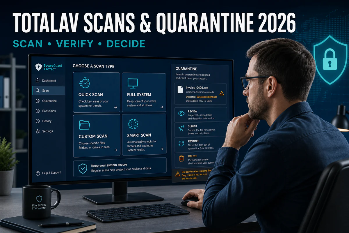 TotalAV scan types and quarantine review before restore or permanent deletion