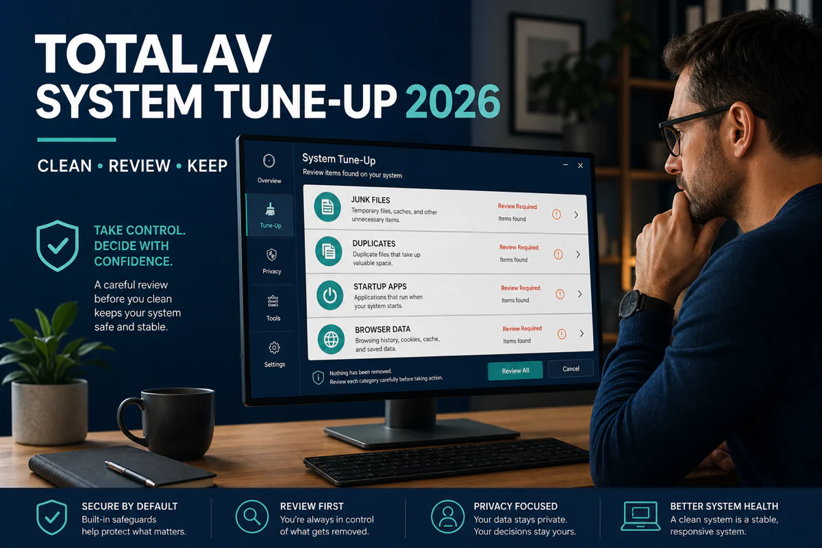 TotalAV System Tune-Up review with junk, duplicate, startup and browser categories waiting for human approval