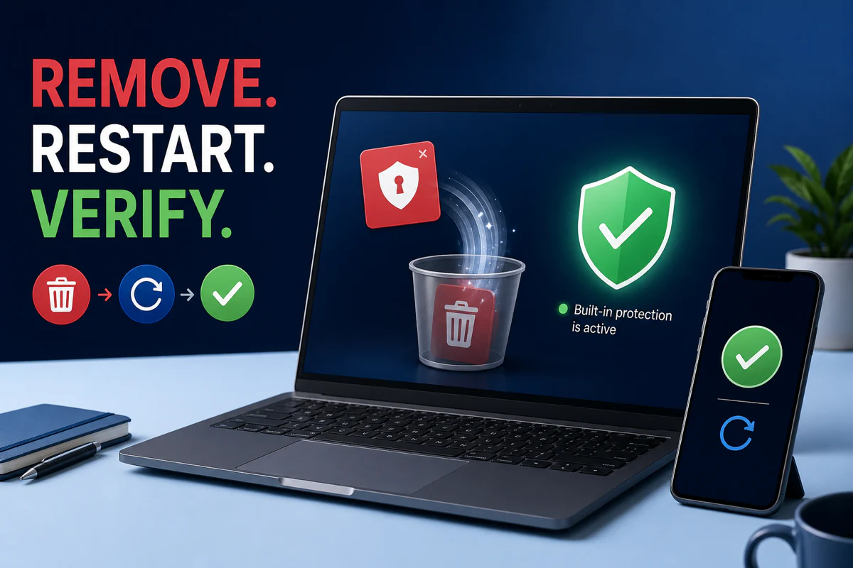 TotalAV removed from a computer and phone before restart and replacement-protection verification