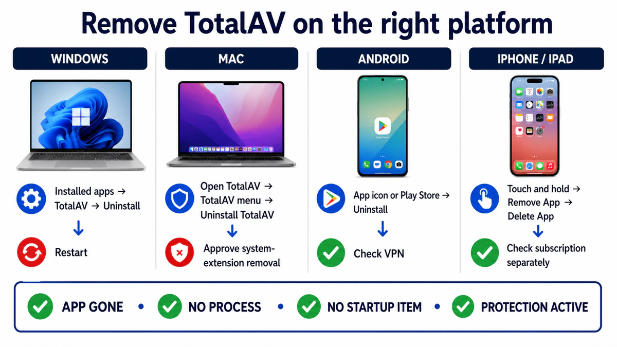 Official first routes for uninstalling TotalAV on Windows, Mac, Android and iPhone or iPad