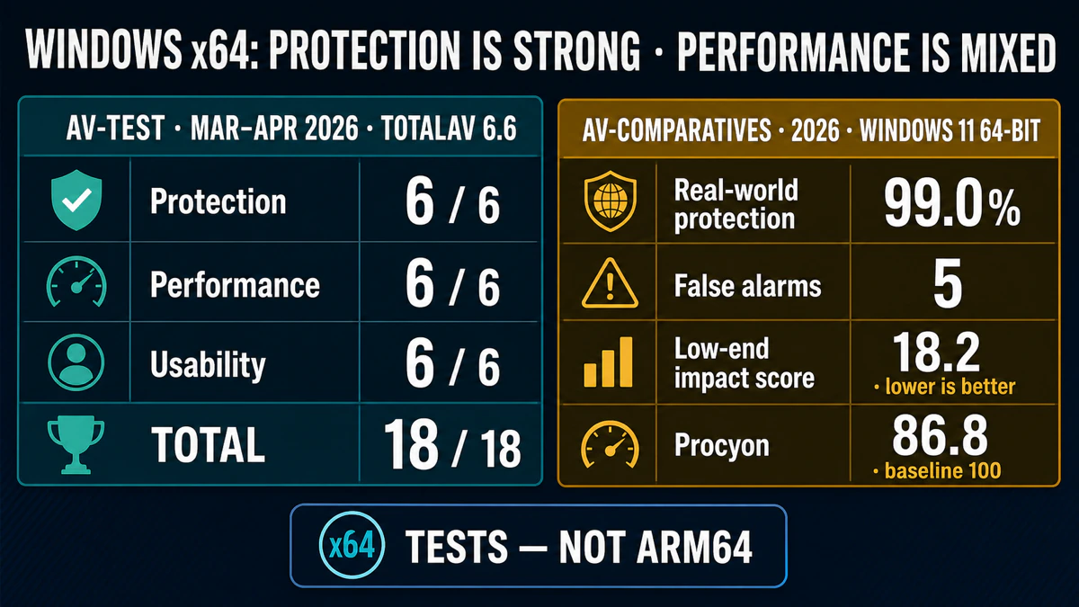 TotalAV Windows x64 protection and performance results from AV-TEST and AV-Comparatives in 2026