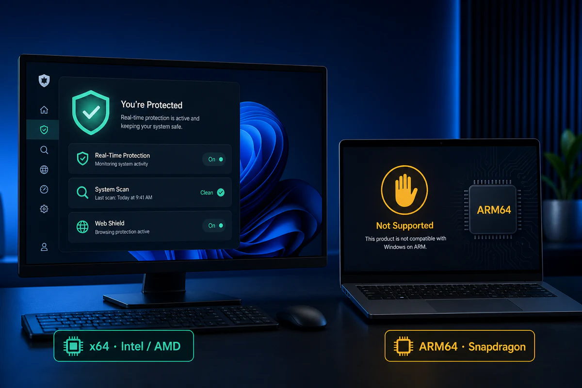 TotalAV for Windows review showing supported Intel and AMD x64 PCs and unsupported ARM64 laptops