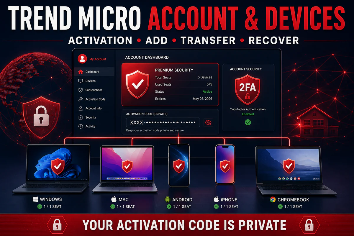 Trend Micro account dashboard managing a private activation code and protected Windows Mac Android iPhone and Chromebook devices