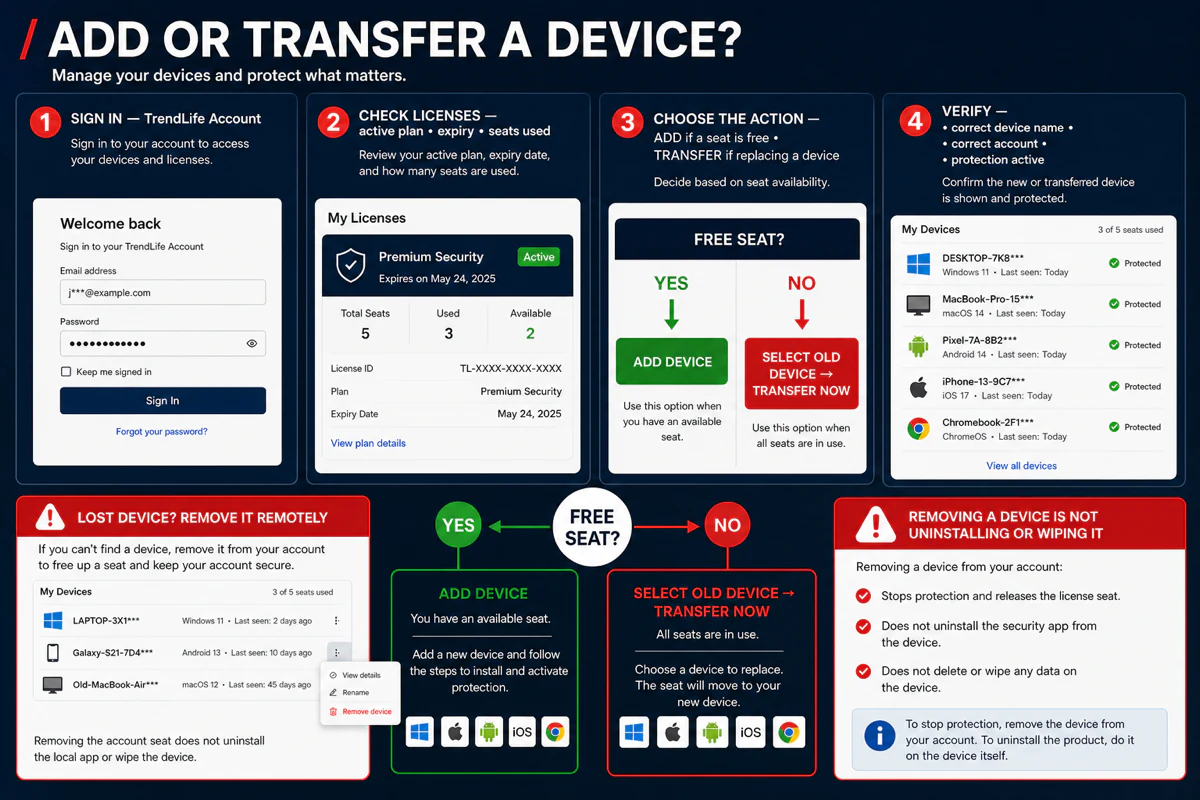 Trend Micro account workflow choosing add device for a free seat or transfer when all license seats are used