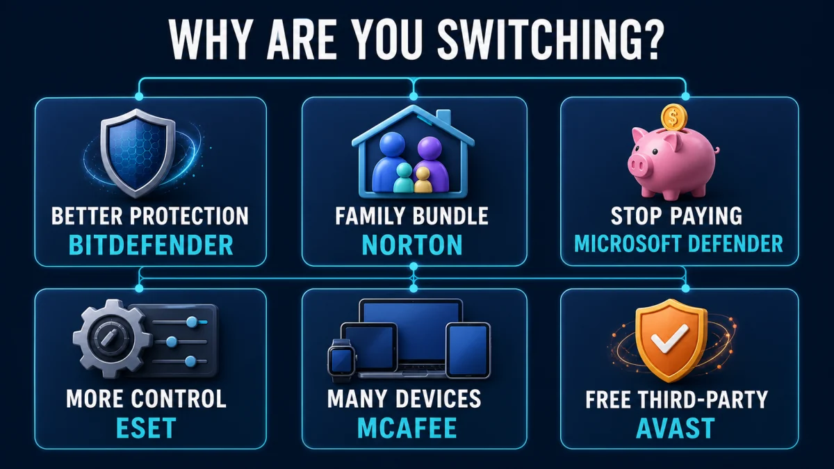 Trend Micro replacement map for stronger protection, family bundle, free Windows security, more control, many devices and free third-party antivirus