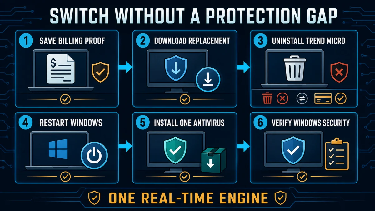 Six steps to switch from Trend Micro to one antivirus while preserving billing proof and verifying Windows Security