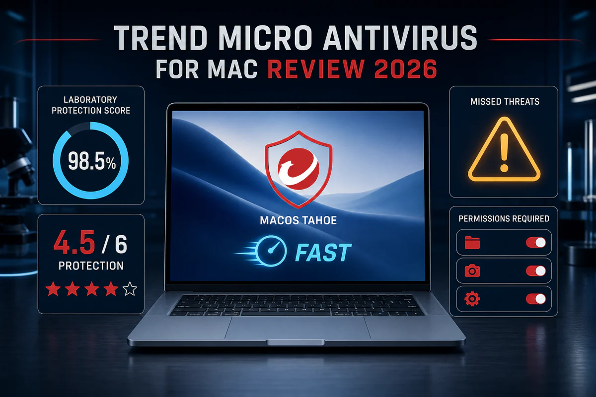 Trend Micro Antivirus for Mac review showing 98.5 percent protection, missed-threat warning and required permissions