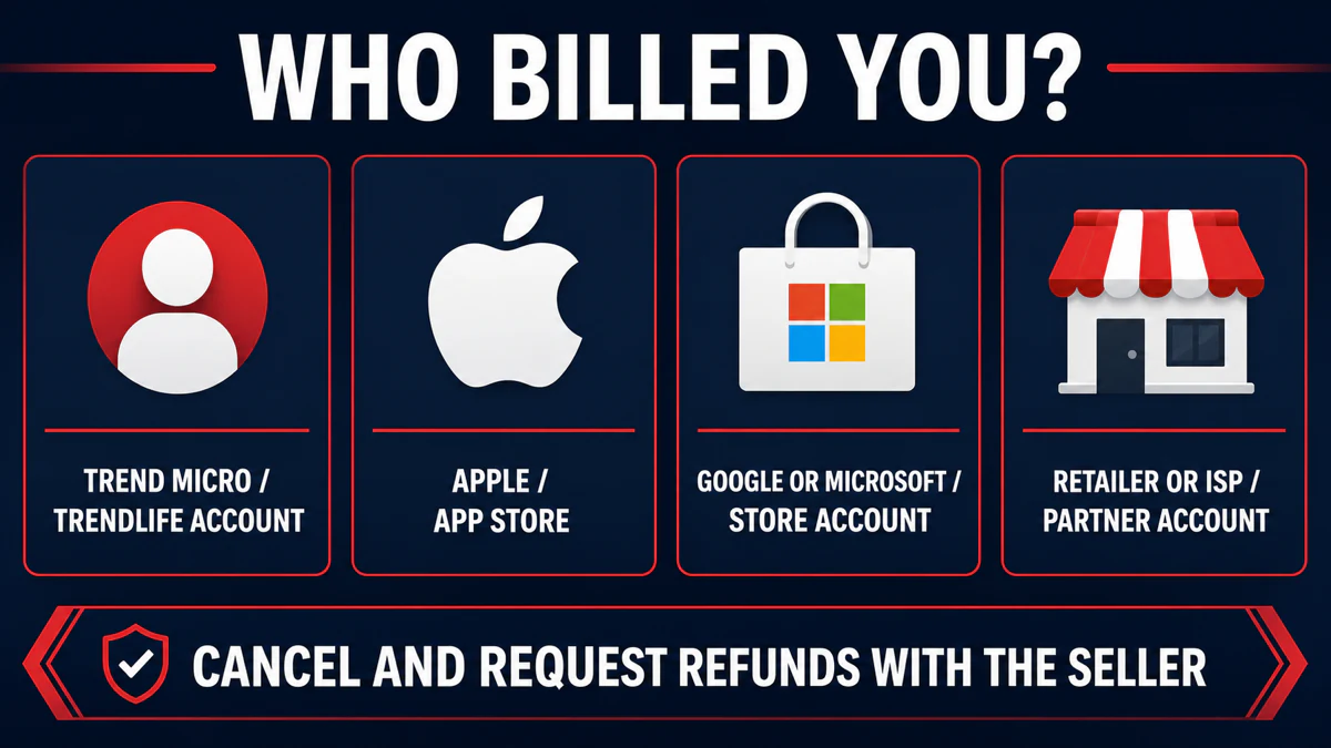 Trend Micro billing owner map for TrendLife, Apple, Google, Microsoft, retailers and ISPs
