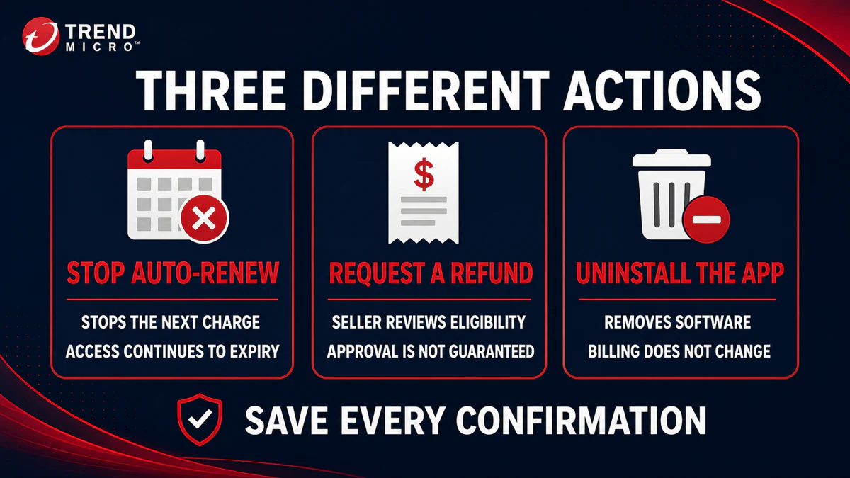Difference between stopping Trend Micro auto-renew, requesting a refund and uninstalling the app