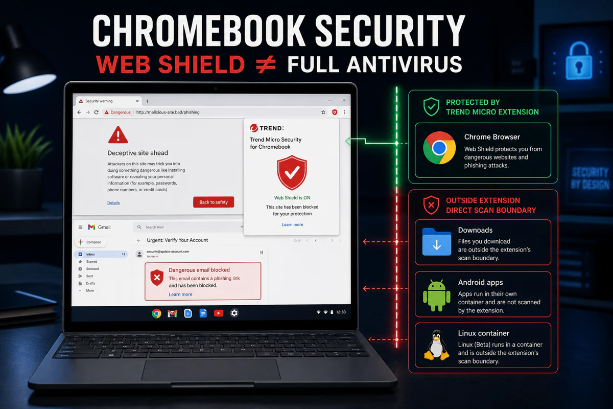 Trend Micro Chromebook review showing browser web protection and limits for Downloads, Android apps and Linux