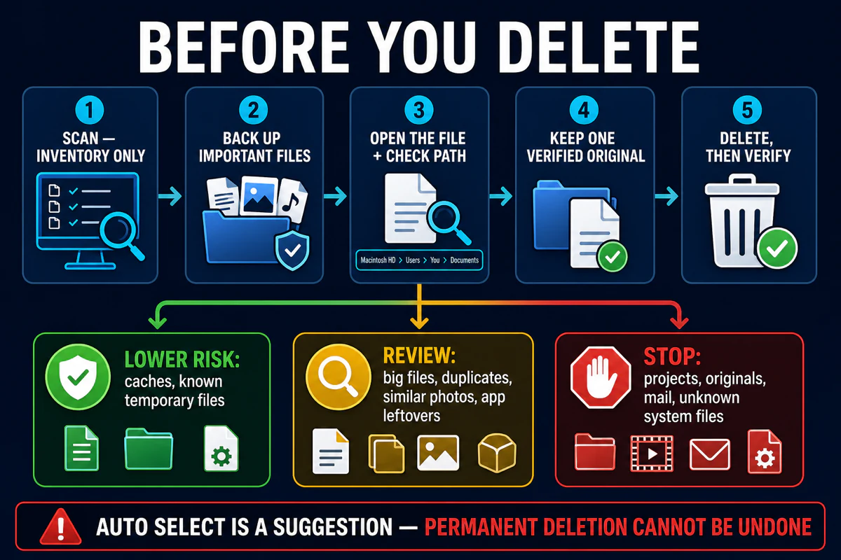 Five-step Cleaner One Pro safety workflow to scan back up verify originals and review file risk before permanent deletion
