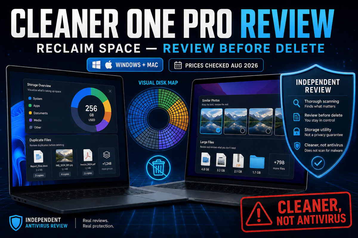 Cleaner One Pro review comparing Windows and Mac storage tools with a warning to review files before permanent deletion