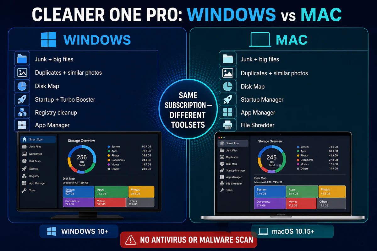 Cleaner One Pro Windows and Mac feature comparison showing shared storage tools and platform-specific registry or File Shredder features