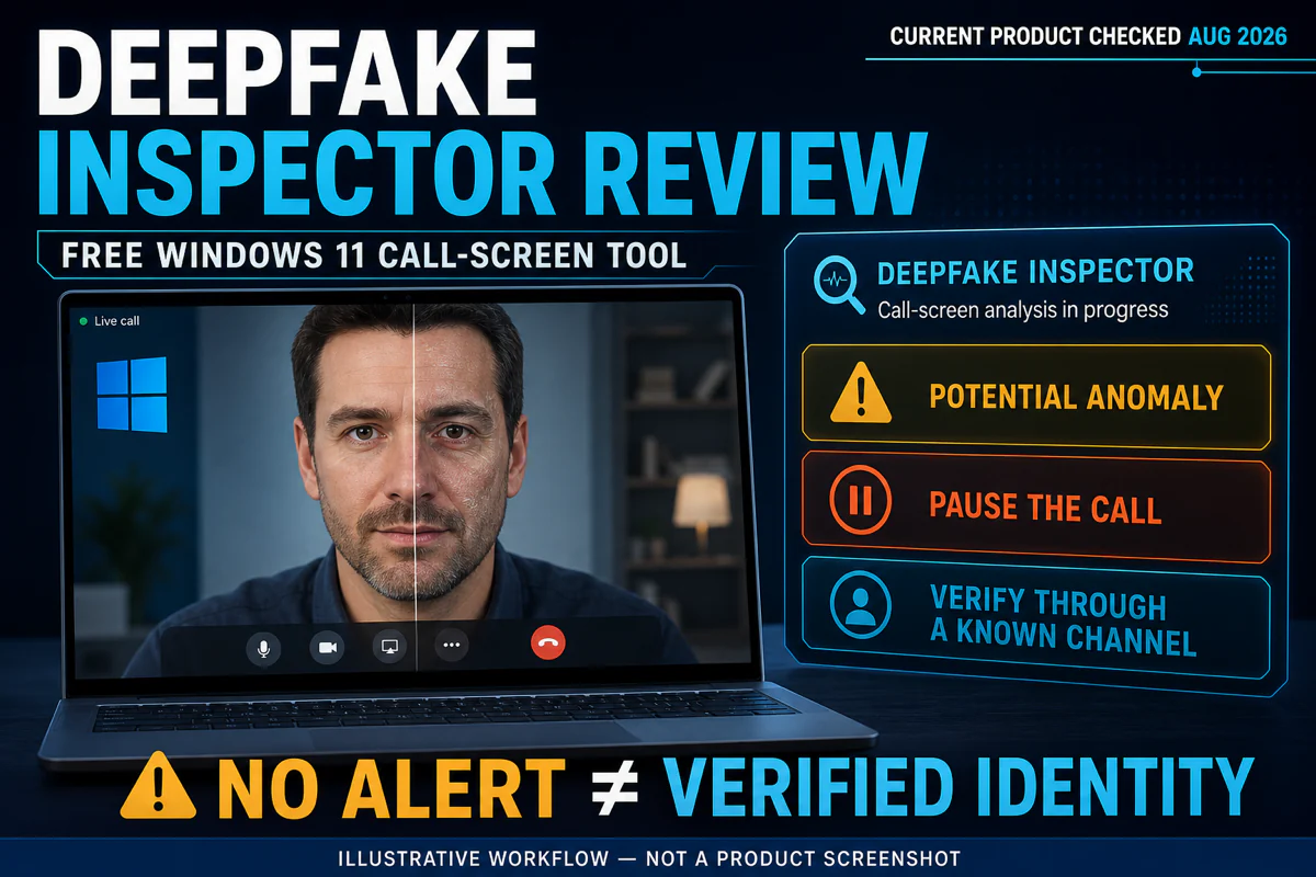 Deepfake Inspector review showing a potential live-call face-swap anomaly and independent verification warning