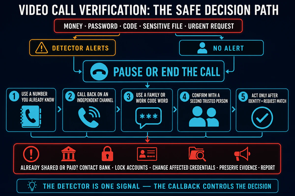 Safe video-call verification path routing detector alerts and clean results through an independent callback