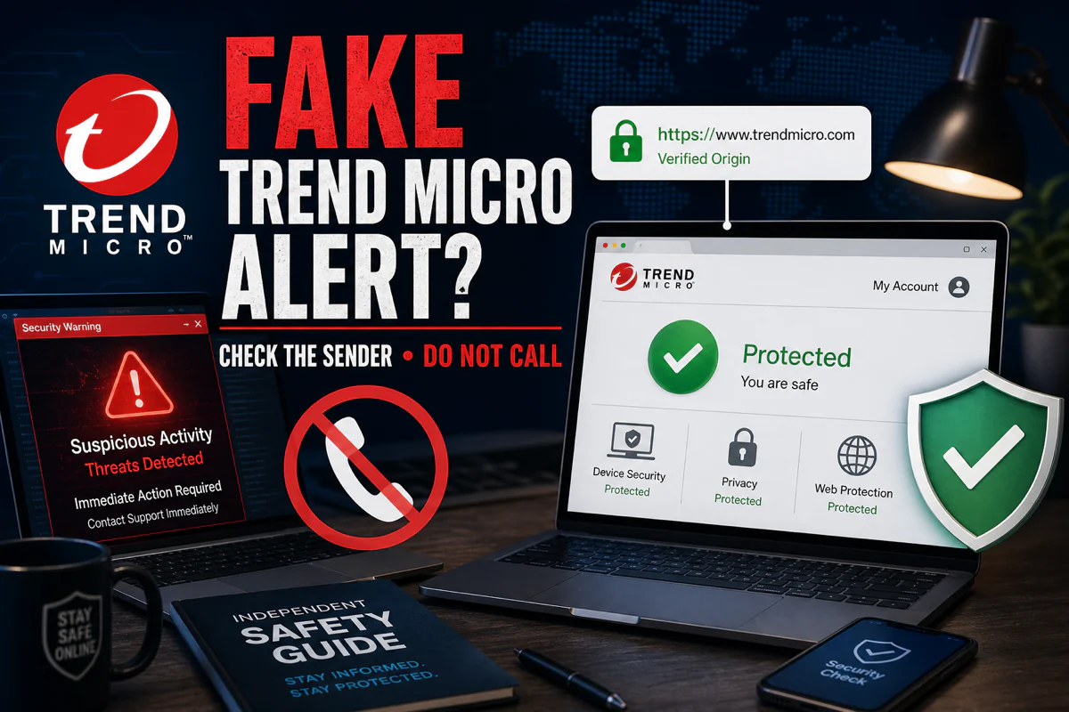 Fake Trend Micro alert separated from a verified account and security application route