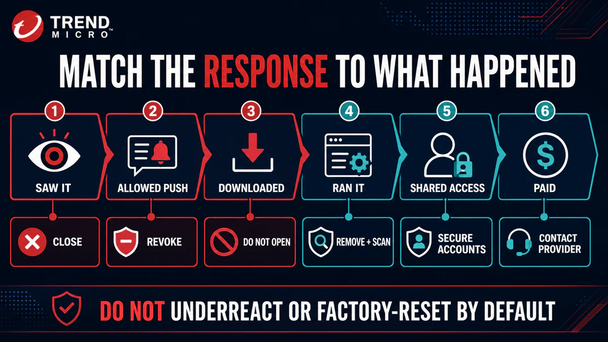 Six recovery levels after a fake Trend Micro alert from closing the page to securing accounts and contacting the payment provider