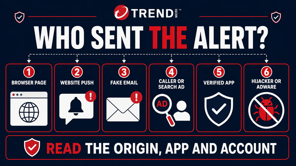 Six possible senders of a Trend Micro-branded alert including browser, email, support impersonation, verified app and adware
