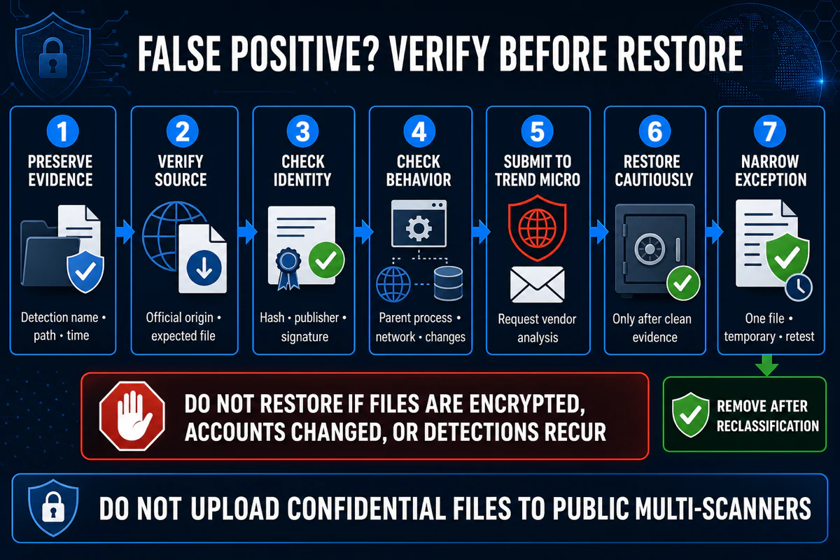 Trend Micro false-positive verification workflow from evidence and file identity through vendor submission restore and temporary exception