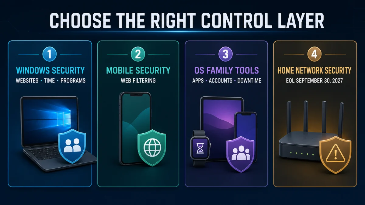 Four family-control layers separating Trend Micro Windows, Mobile Security, operating-system family tools and Home Network Security end of life