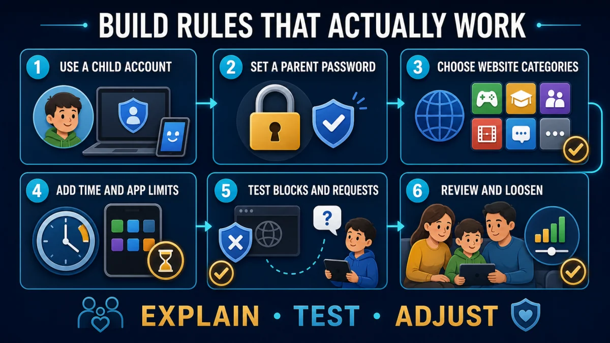 Six family safety steps using a child account, parent password, website categories, time and app limits, testing and review