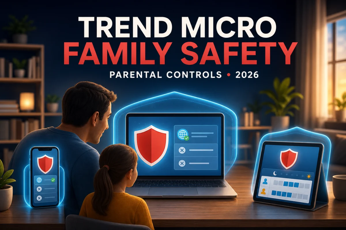Parent and child configuring Trend Micro website filters, schedules and app access across a laptop, phone and tablet