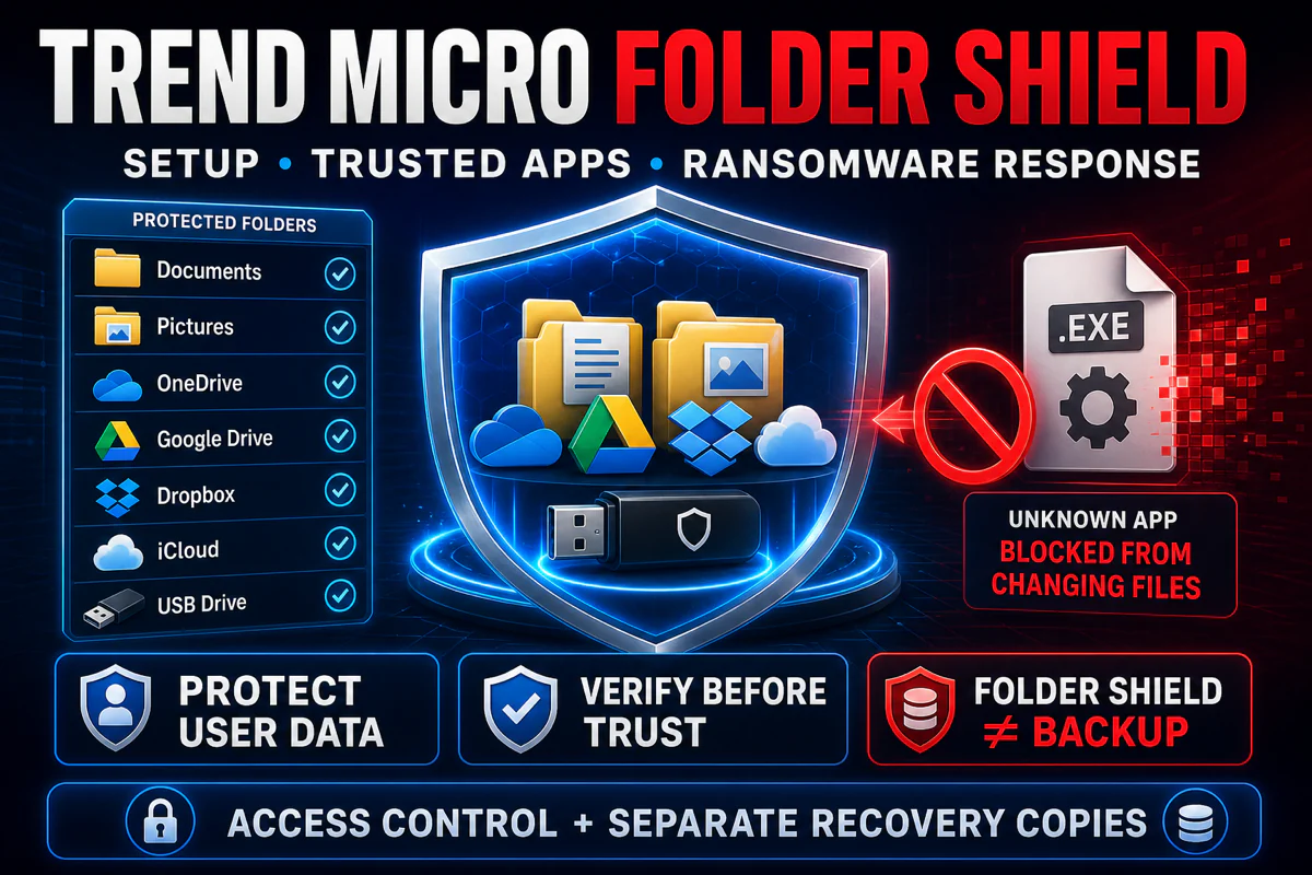 Trend Micro Folder Shield workflow for protecting user data verifying blocked programs and keeping separate recovery copies