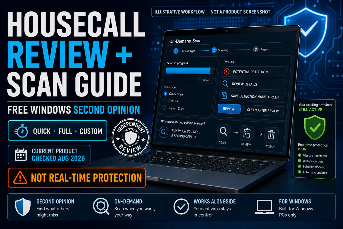 Trend Micro HouseCall review and scan workflow showing Quick Full and Custom scans beside a warning that it is not real-time protection