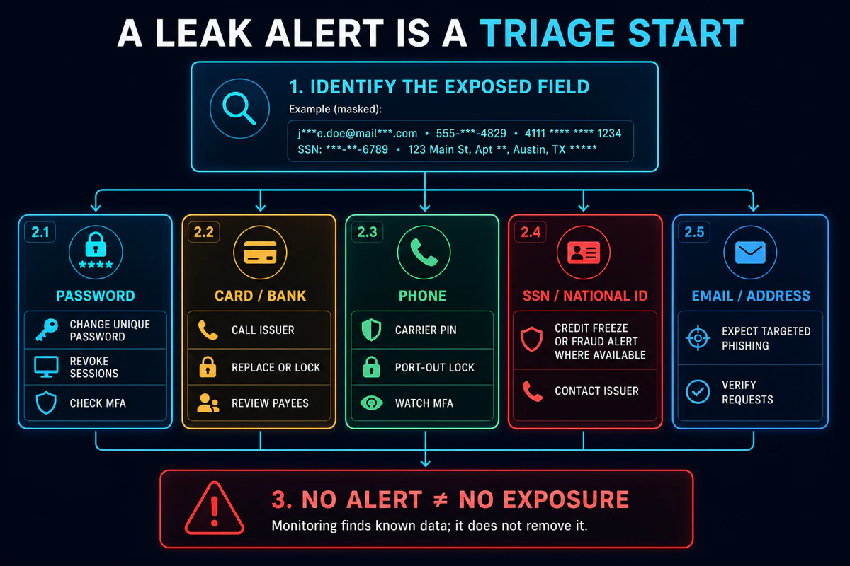 ID Protection leak alert response map for passwords cards phone numbers national IDs email and address exposure