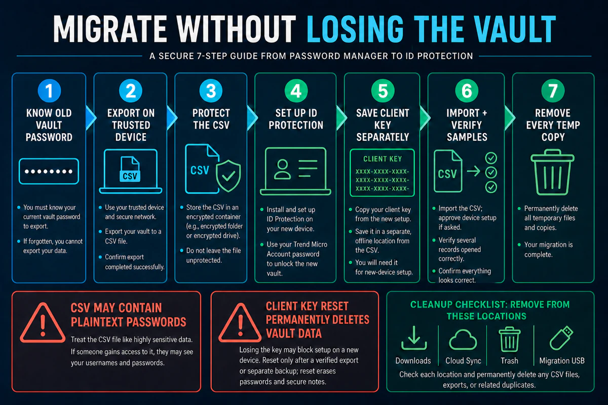 Trend Micro Password Manager to ID Protection migration map protecting the CSV saving the Client Key and verifying imported records