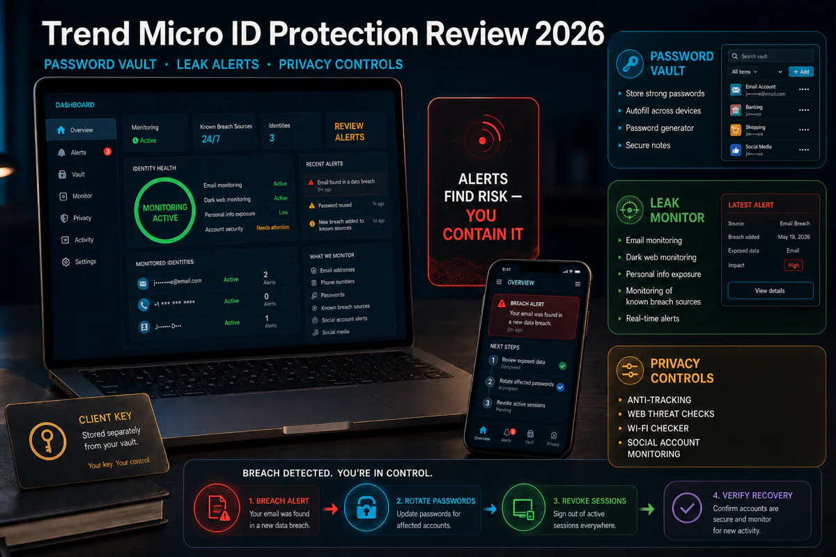 Trend Micro ID Protection review workspace with password vault leak alerts privacy controls and separately stored Client Key