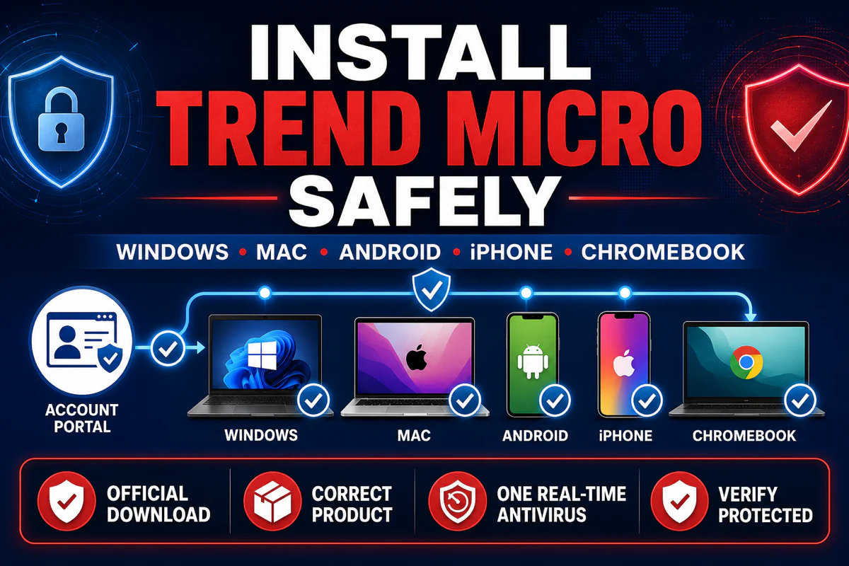 Safe Trend Micro installation path across Windows Mac Android iPhone and Chromebook with account and protection checks