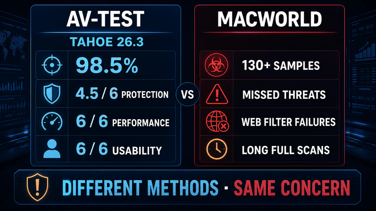 Trend Micro Antivirus for Mac evidence comparing AV-TEST Tahoe results with Macworld hands-on findings